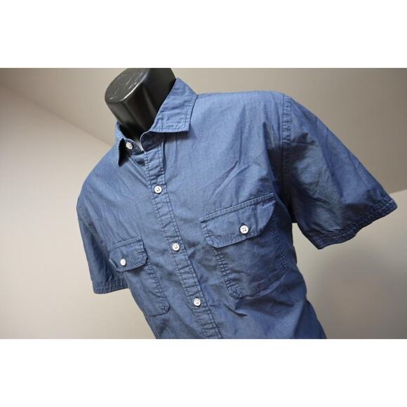 Express Dress Shirt Fitted Blue Military Button Up Short Sleeve Mens Sz Large - Picture 2 of 11